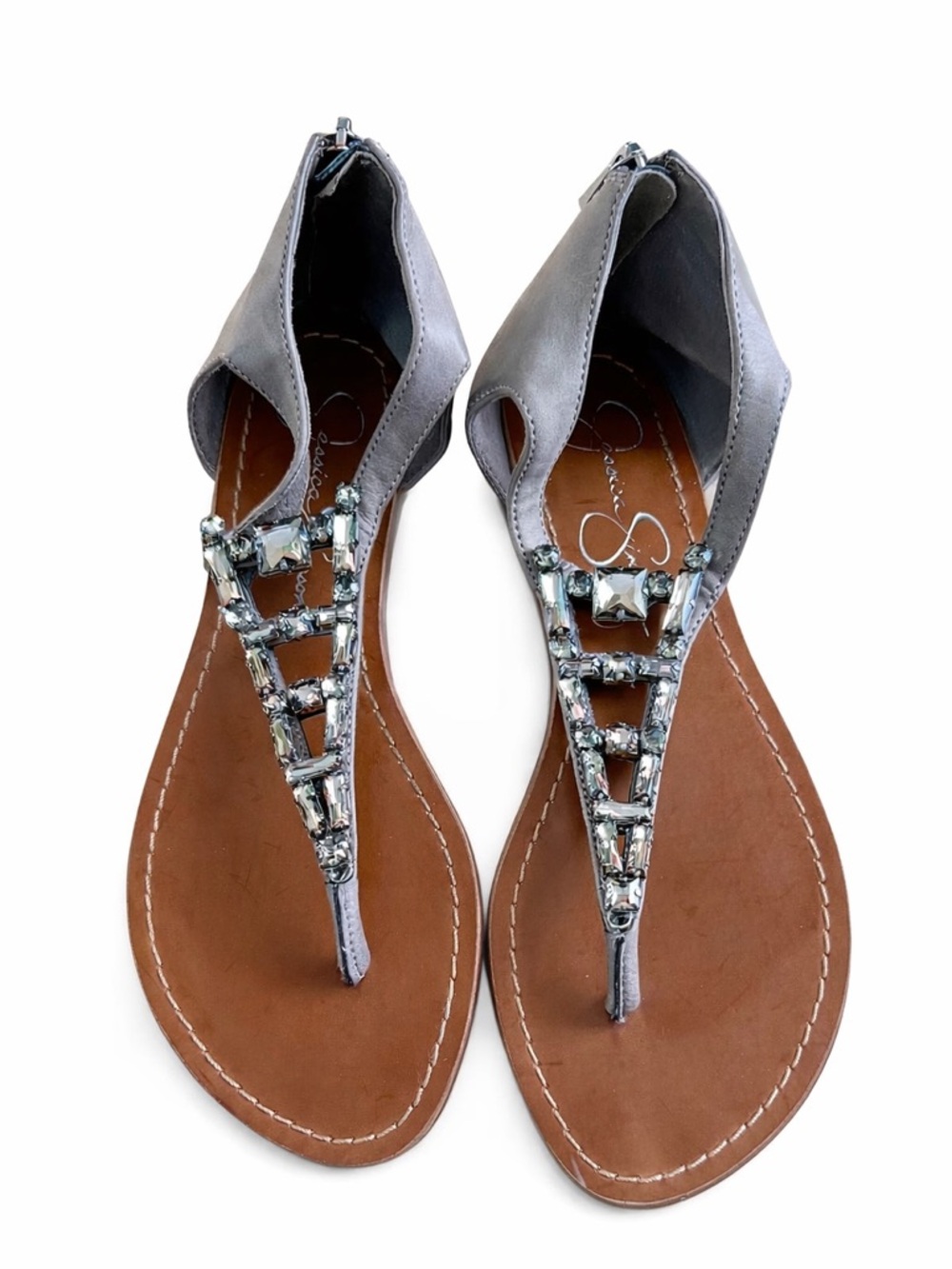 Jessica Simpson Rhinestone T-Strap Sandals Gray Leather Zip Back Size 7.5